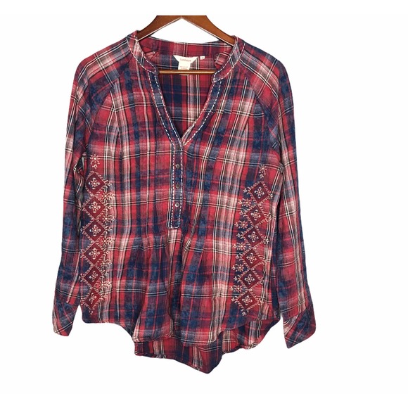 Sundance Tops - Sundance red plaid embroidered pintuck popover top